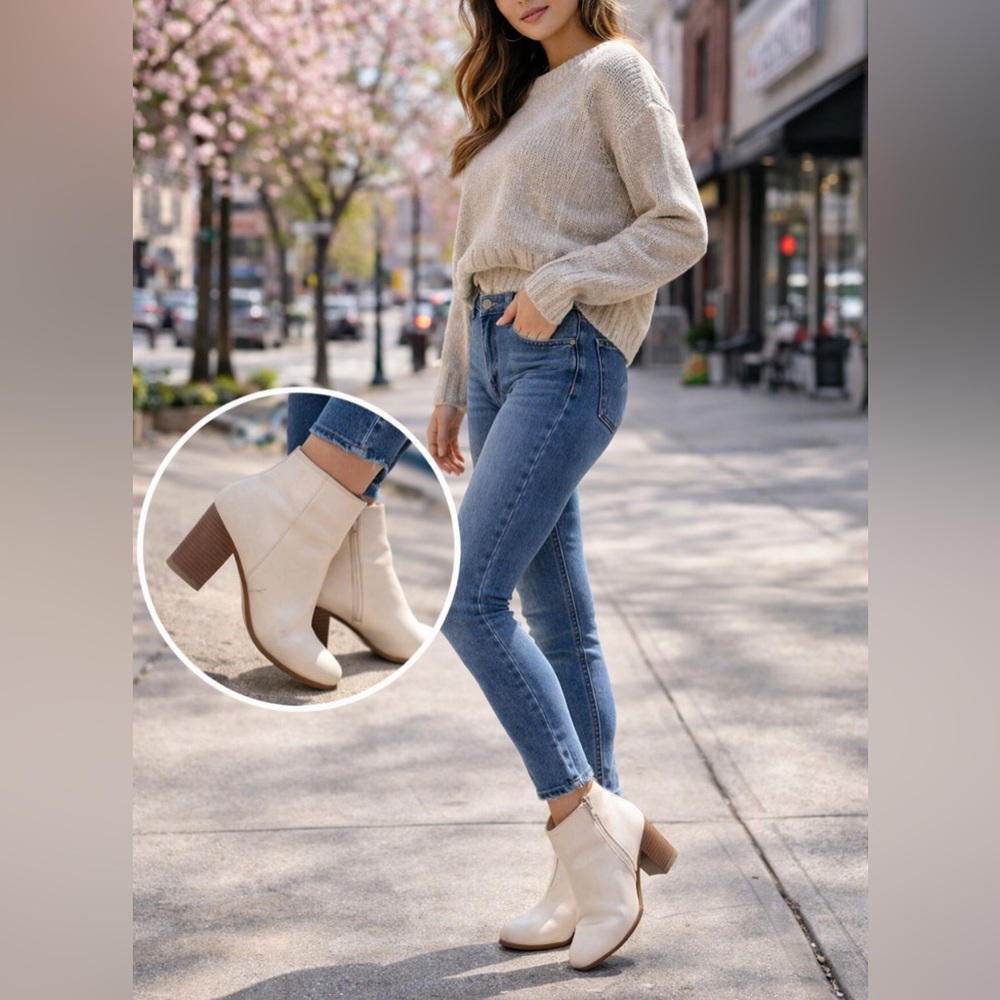 🤍Cream Ankle Boots Size 6.5‎ Block Heel Pre-Owned with Minor Marks Stylish🤍